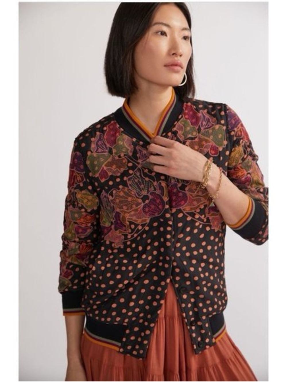 Anthropologie Bl-nk Embroidered Floral Polka Dot Bomber Jacket M Boho Statement
